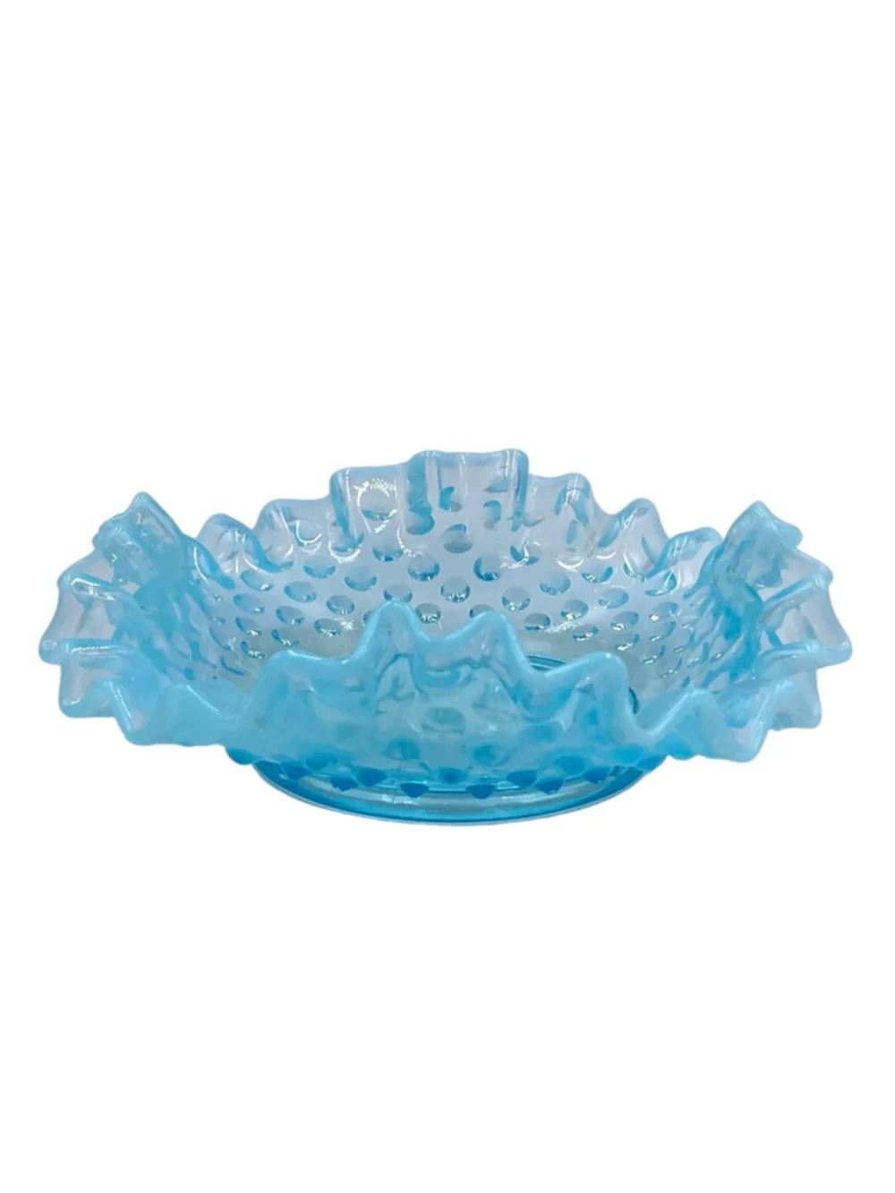 Vintage Fenton Blue Opalescent Hobnail Ruffled Fan Vase & Bon Bon Dish